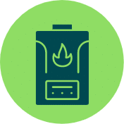 Icon of a gas heater with a flame symbol on it, set against a green circular background.