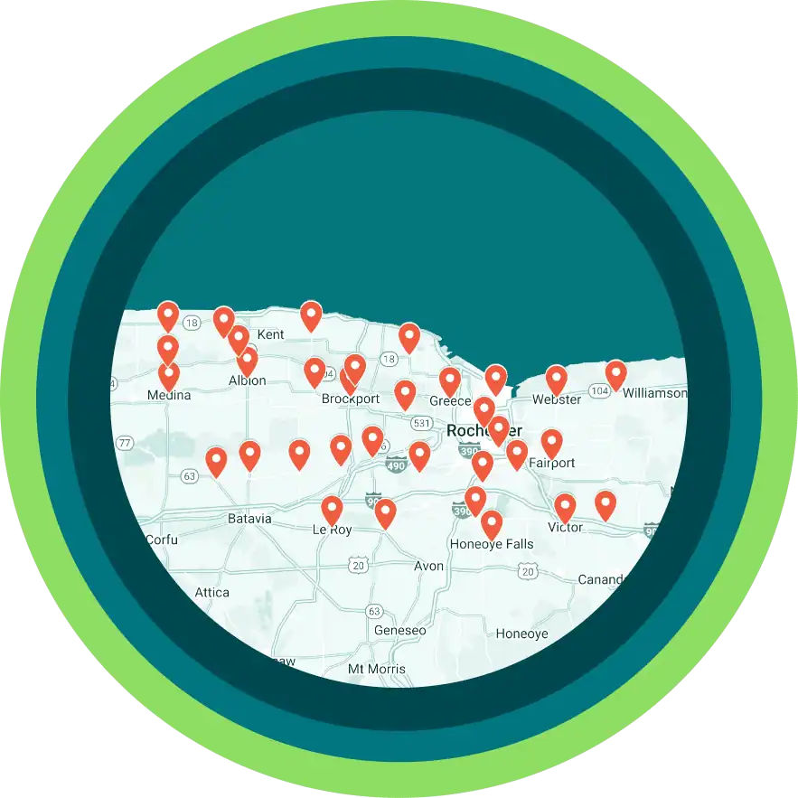 Map of upstate New York with multiple red location pins highlighting various towns and cities, including Rochester and Medina.