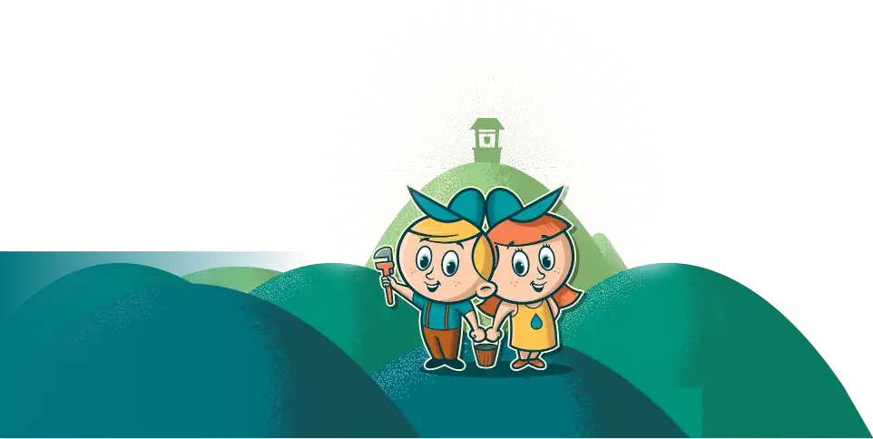 Two cartoon children plant a seedling on a green landscape with sun rays and a distant monument on a hill.