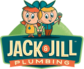 Cartoon characters Jack and Jill holding plumbing tools, with the text "Jack & Jill Plumbing" below them.