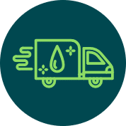 Green delivery truck icon with a water droplet and flowers, indicating eco-friendly service, on a dark teal circular background.