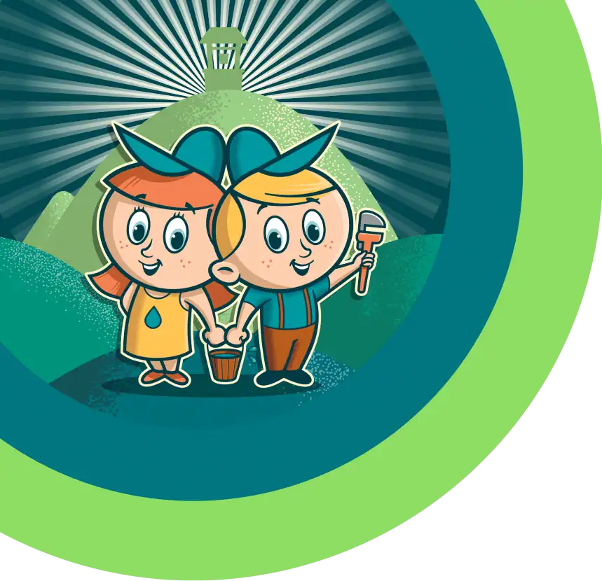 Two cartoon characters standing with a brush and pail against a stylized mountain backdrop. One wears a dress and a bow, the other a hat and pants. Sunburst pattern in the background.