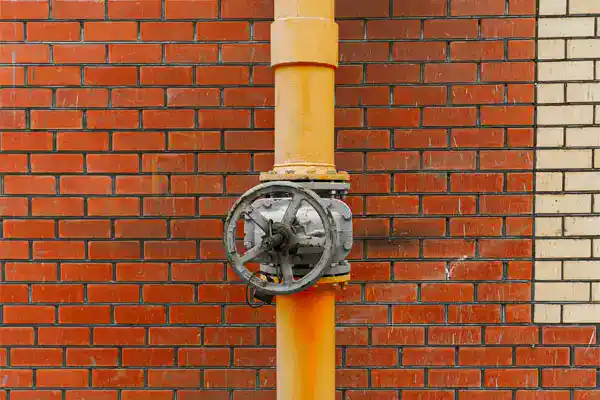 Yellow pipe with a large metal valve against a wall of red and beige bricks.