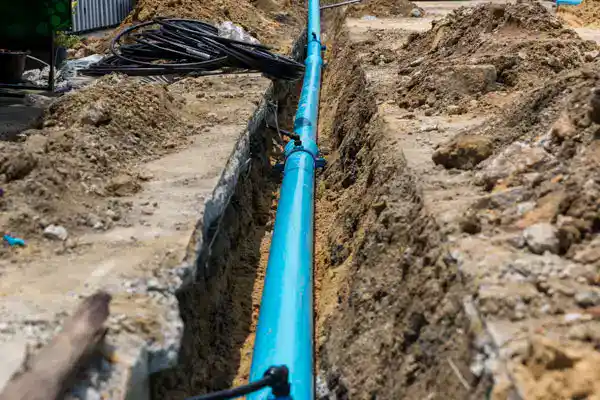 A blue pipe is laid in a trench dug into the ground at a construction site, surrounded by dirt and construction materials.