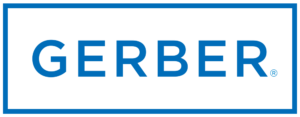 Gerber logo with bold blue capital letters outlined by a blue rectangular border on a black background.