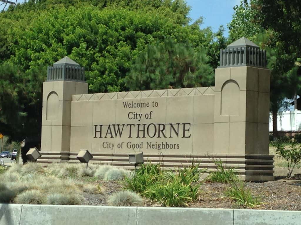 Welcome sign for Hawthorne, California