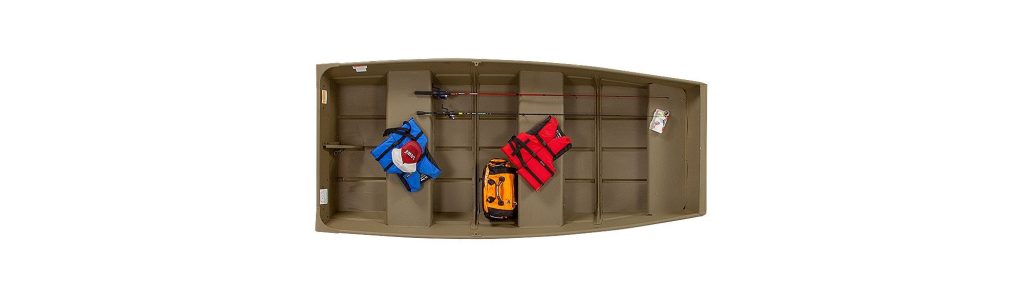 Durable boat storage unit with compartments for fishing gear at Camp & Cruise.