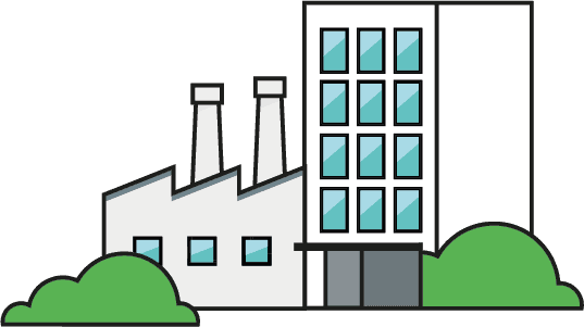 Illustration von Nichtwohngebäuden – Fabrikgebäude und Bürokomplex mit Bäumen im Vordergrund