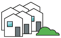 Piktogramm von mehreren stilisierten Wohngebäuden mit Fenstern und Türen, ergänzt durch ein grünes Gebüsch