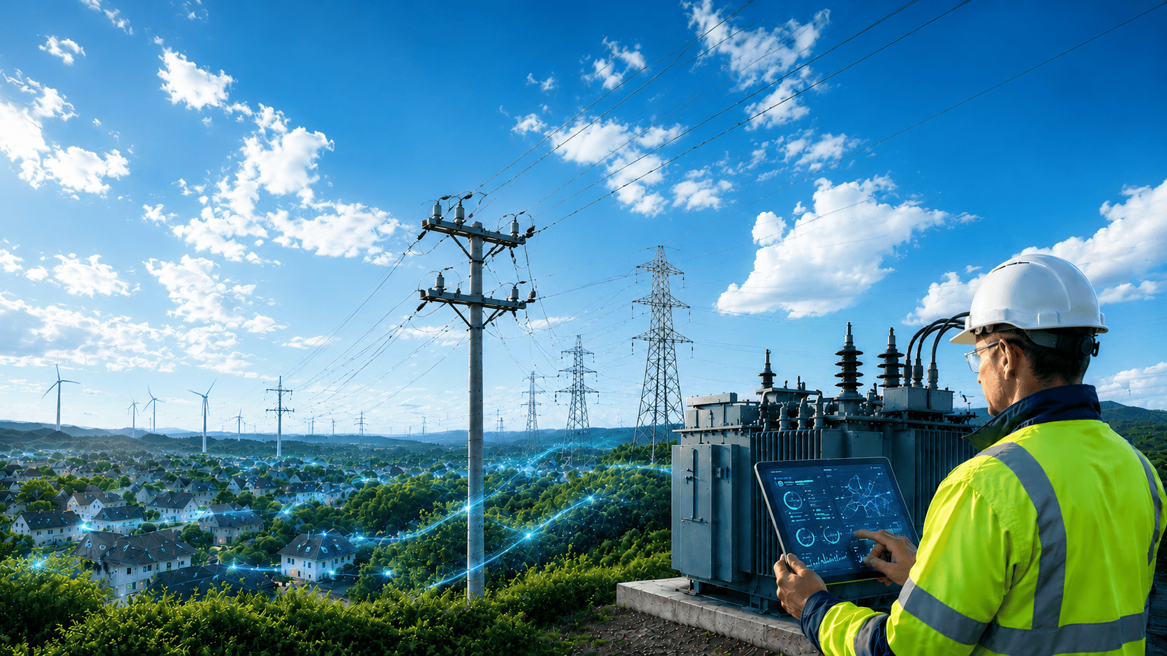 Elektriker überwacht Hochspannungsleitungen mit Tablet im Freien.