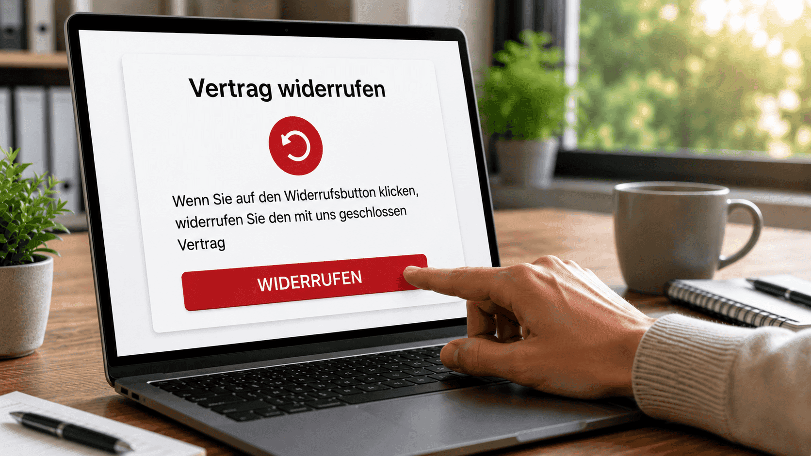 Person nutzt Laptop, um einen Vertrag online zu widerrufen, mit Fokus auf Energieversorger und digitale Prozesse.