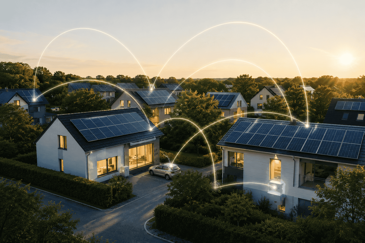 Moderne Solarhäuser mit vernetztem Energiemanagementsystem.