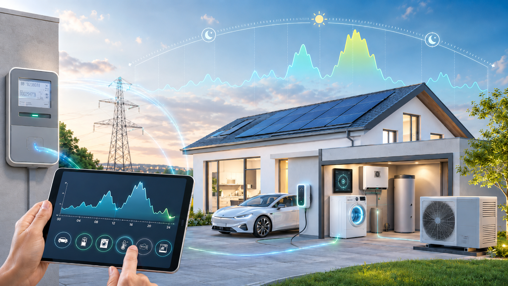 Smart Home mit Solarenergie, Ladegerät und Energiemonitoring.