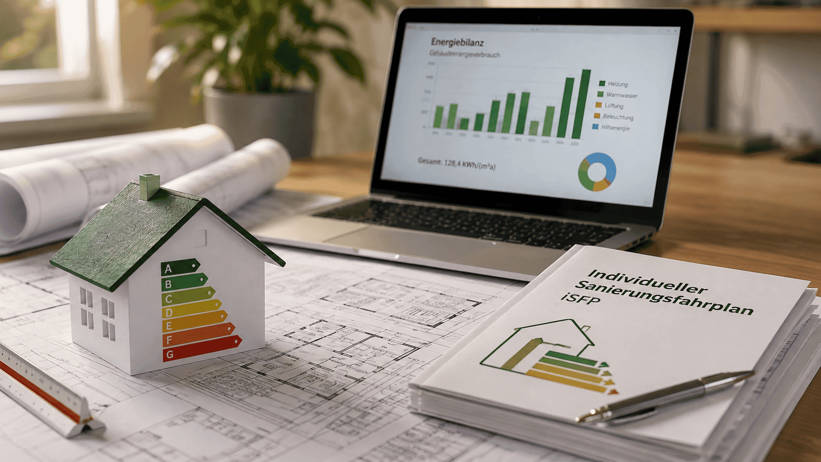 Laptop mit Energieanalyse, Hausmodell und Planungsunterlagen.