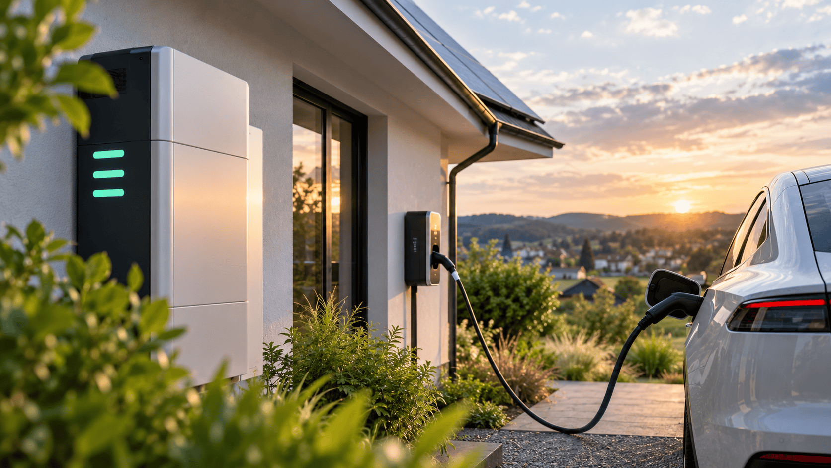 E-Auto wird an Ladestation vor Haus geladen bei Sonnenuntergang.