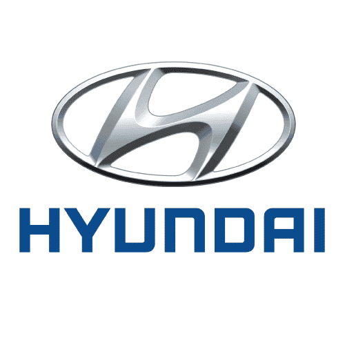 Hyundai logo with emblem and brand name in bold blue letters.