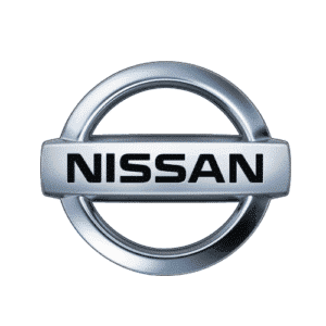 Nissan logo on a shiny silver background.