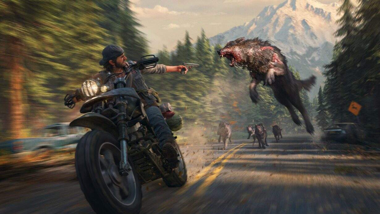 Action scene from Days Gone with motorcycle rider confronting a large mutated creature.