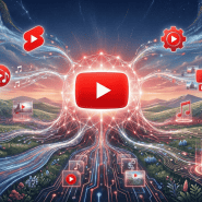 Online video streaming icons linked to a central play button, illustrating digital media and content.