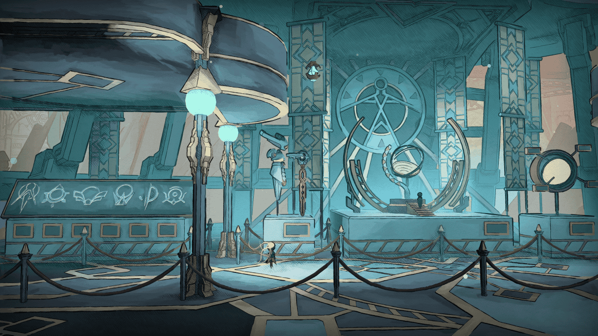 Futuristic space station interior with advanced technology and celestial symbols.