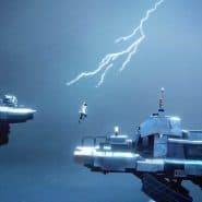 A person jumping between futuristic platforms during a lightning storm.