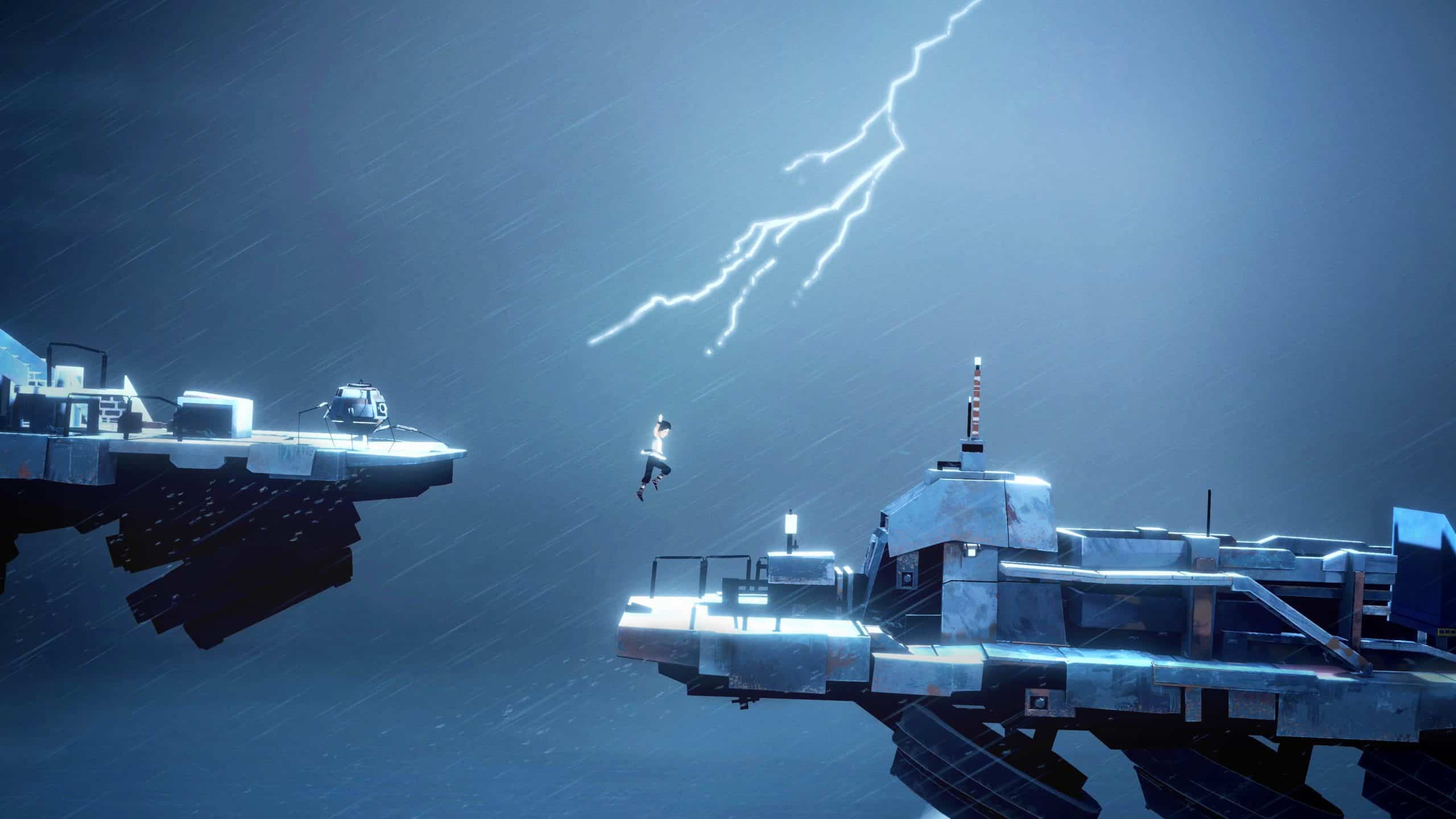 A person jumping between futuristic platforms during a lightning storm.