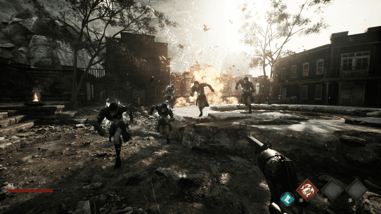 Intense battle scene from Soulslinger: Envoy of Death with gunfire and explosions.