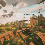 Large steampunk airship flying over lush jungle with floating islands in the sky.