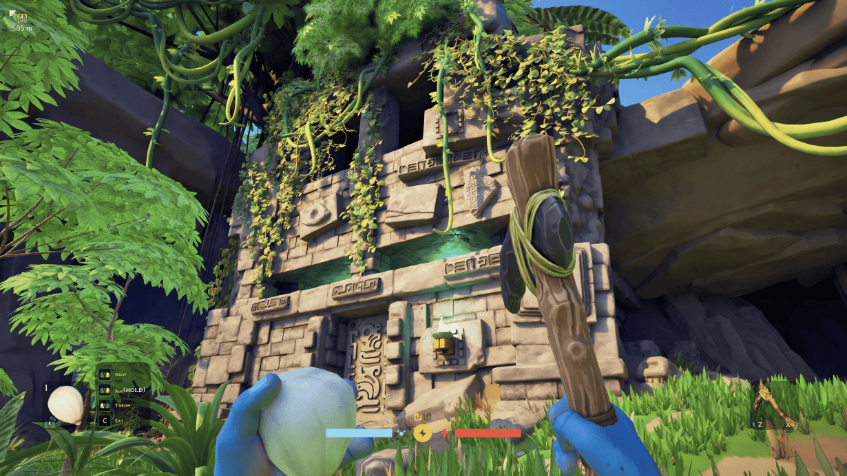Close-up of alien plant structure with lush greenery and vines in a survival game setting.