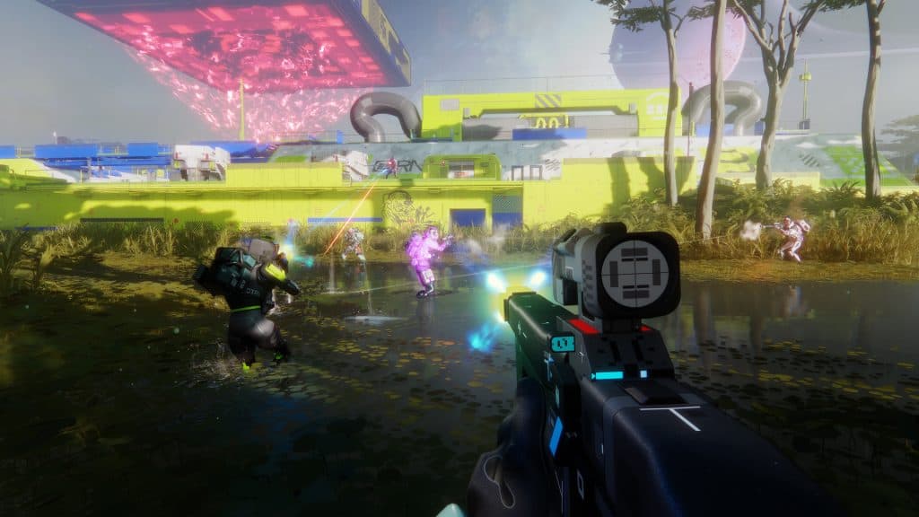 An intense gaming scene from Marathon showing players battling with futuristic weapons.