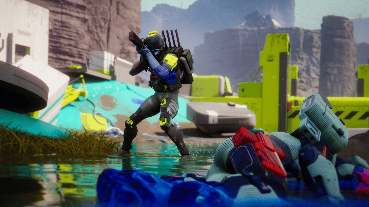 A player character in a futuristic game environment, holding a weapon, with vibrant colors and detai.