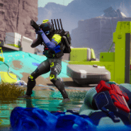 A player character in a futuristic game environment, holding a weapon, with vibrant colors and detai.