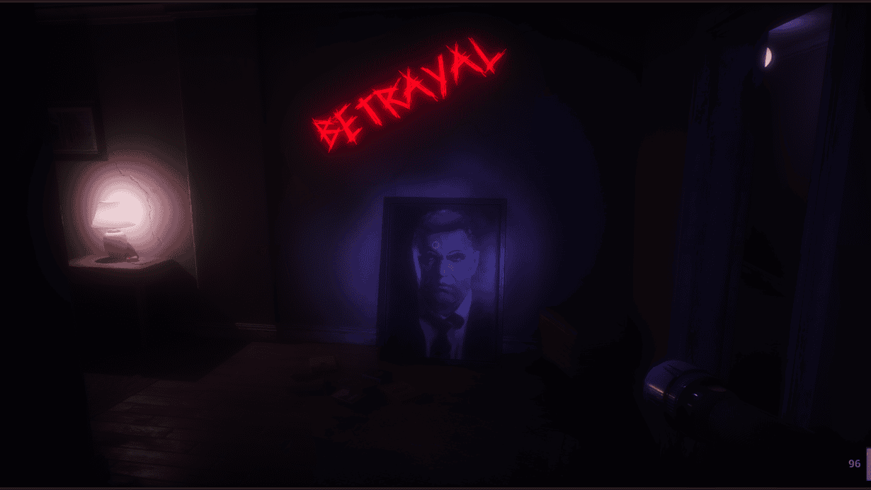 Dark room with neon "BETRAY" sign and portrait, eerie atmosphere.