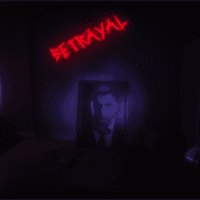 Dark room with neon "BETRAY" sign and portrait, eerie atmosphere.