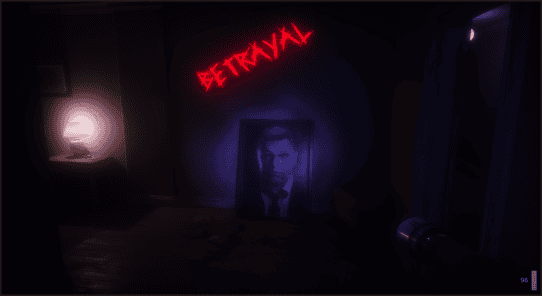 Dark room with neon "BETRAY" sign and portrait, eerie atmosphere.