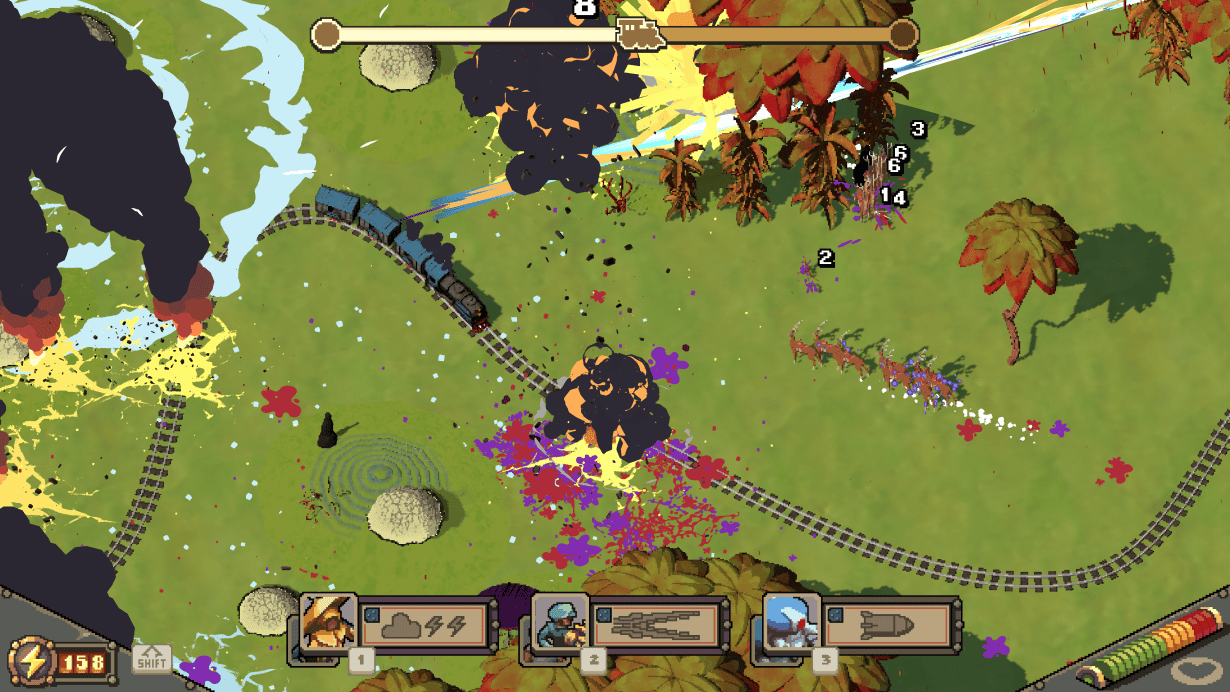 Game scene showing chaotic battle with trains, explosions, and colorful effects.
