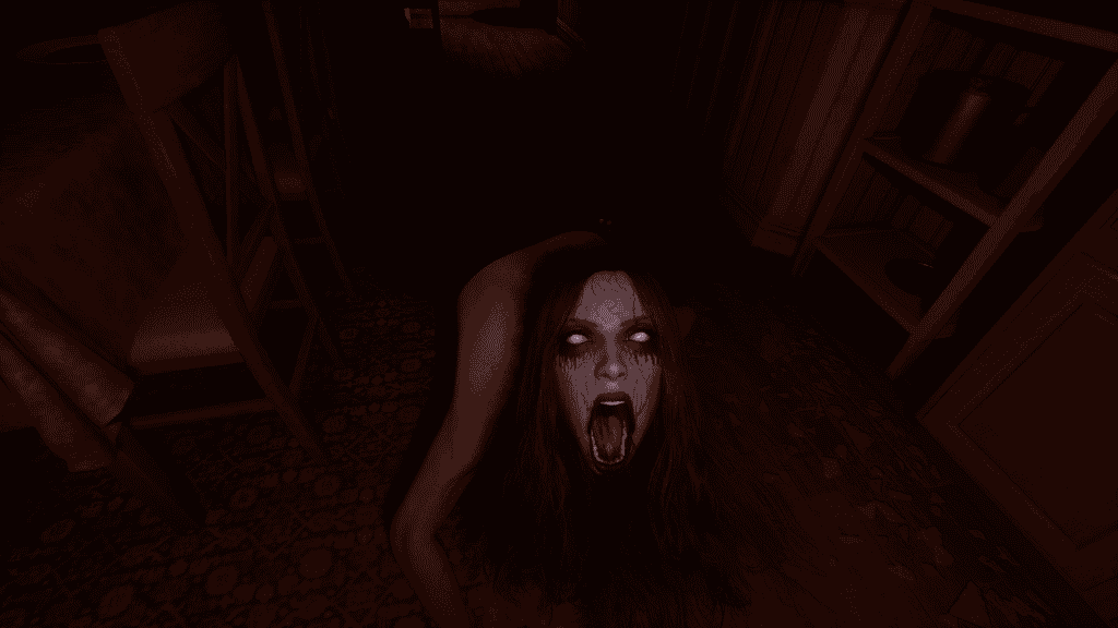 Horrific horror character with dark eyes and open mouth, creating a chilling atmosphere.