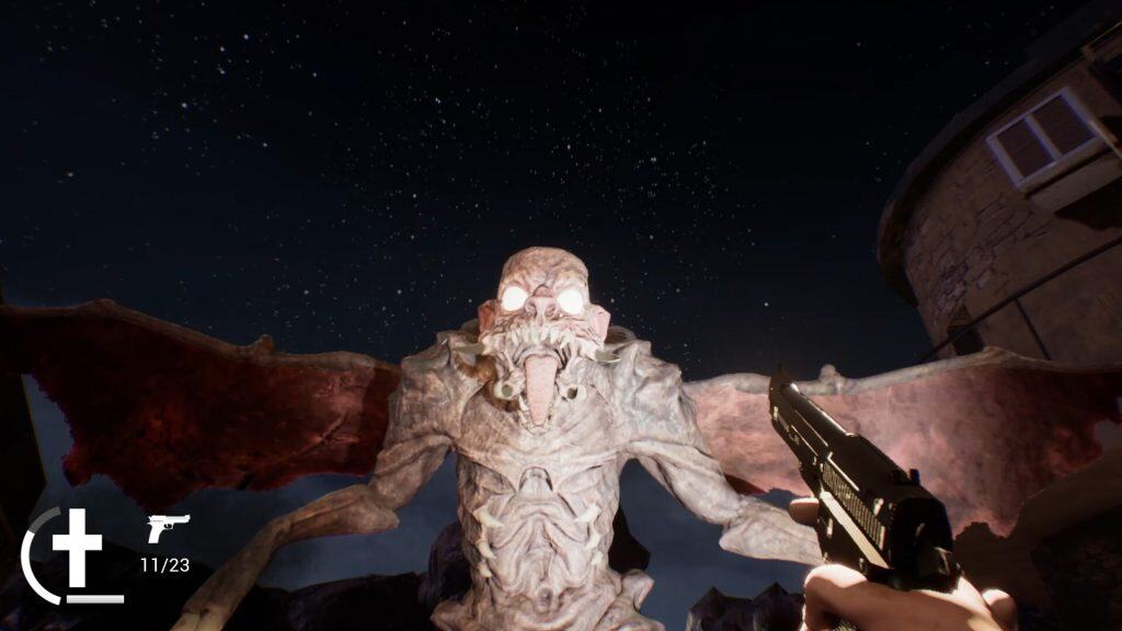 Night scene with a monstrous undead creature with wings and a gun in a dark sky.