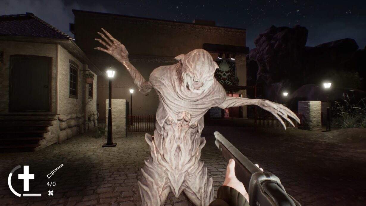 Scary undead creature with outstretched arms in a dark night scene.