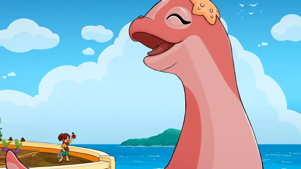 Dinosaur enjoying a boat ride on the ocean with a child, under a bright blue sky with clouds and dis.