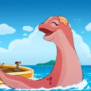 Dinosaur enjoying a boat ride on the ocean with a child, under a bright blue sky with clouds and dis.