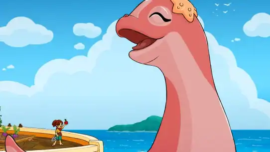 Dinosaur enjoying a boat ride on the ocean with a child, under a bright blue sky with clouds and dis.