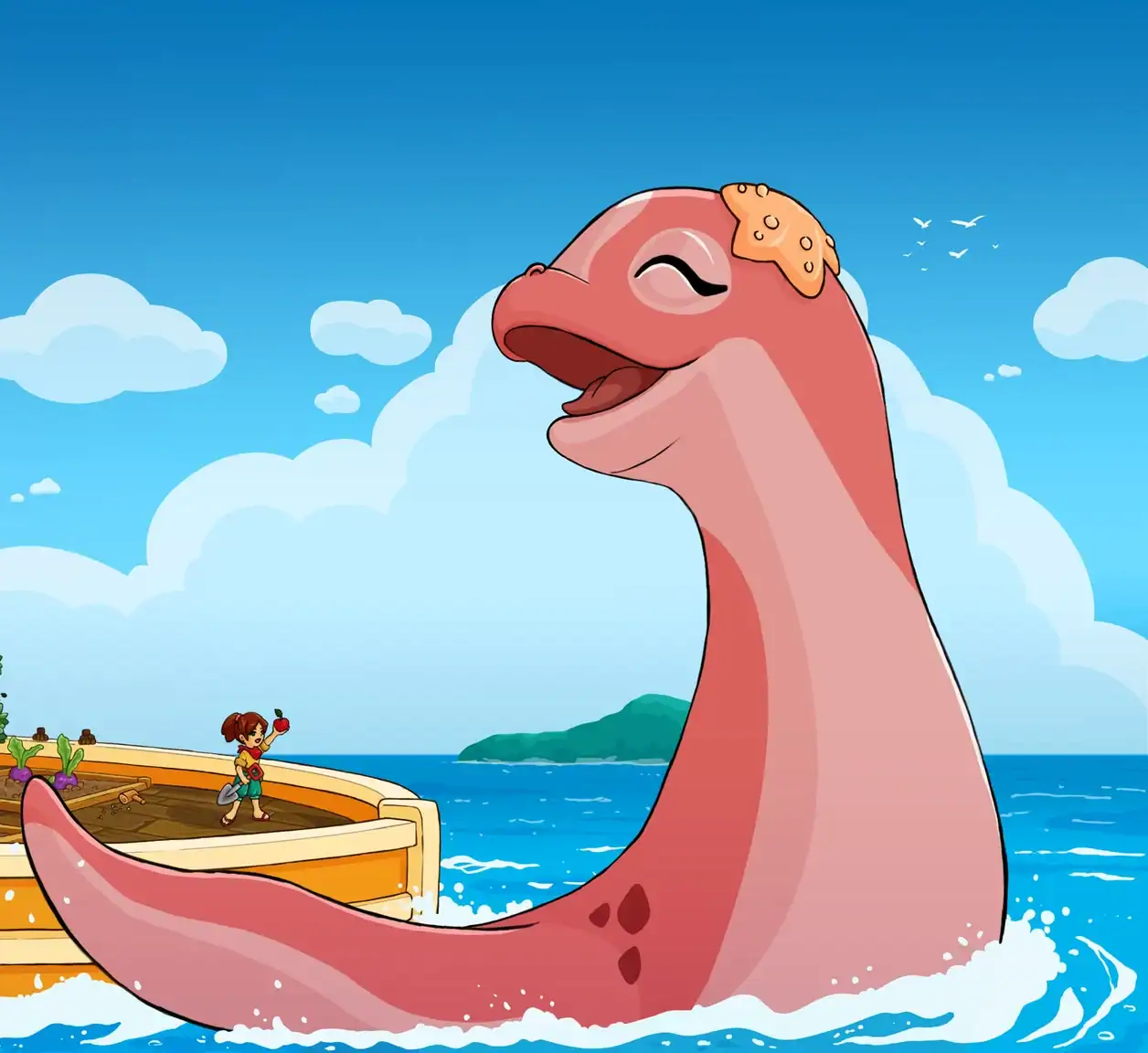 Dinosaur enjoying a boat ride on the ocean with a child, under a bright blue sky with clouds and dis.