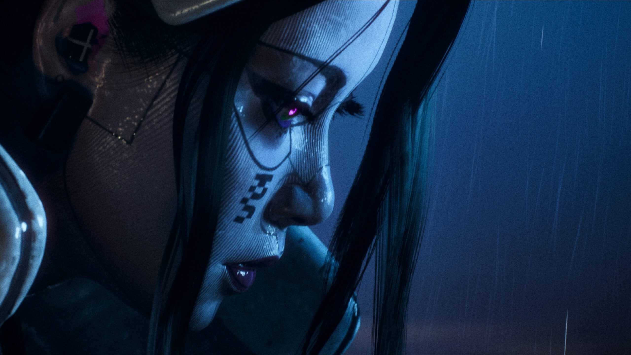 Cyberpunk female gamer with neon makeup, headphones, and intense focus in a dark setting.