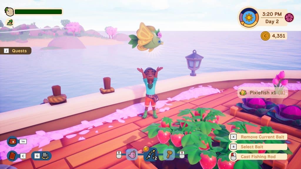 Bright fishing scene at Collector's Cove with character and fish.