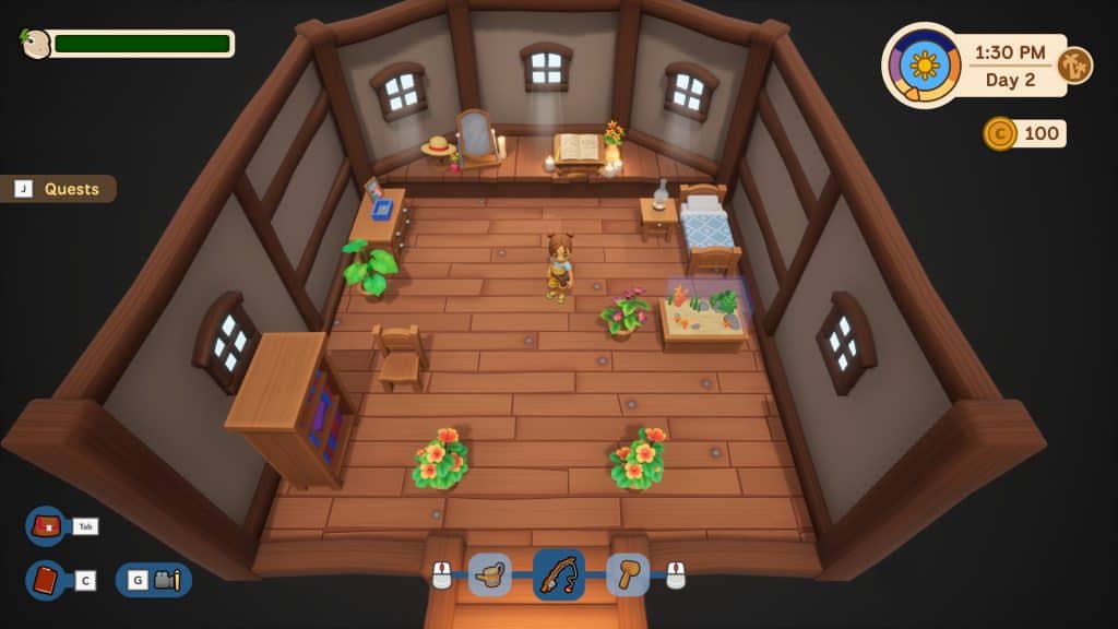 Interior of a cozy wooden cabin with plants, furniture, and a bed, from the "Collector's Cove" revie.