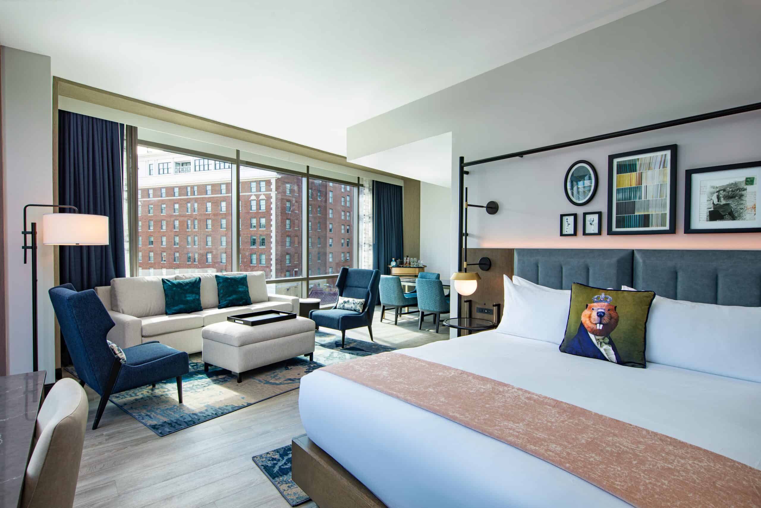 Bedroom of the Capitol Hill Suite at The Royal Sonesta Capitol Hill with a landmark view.