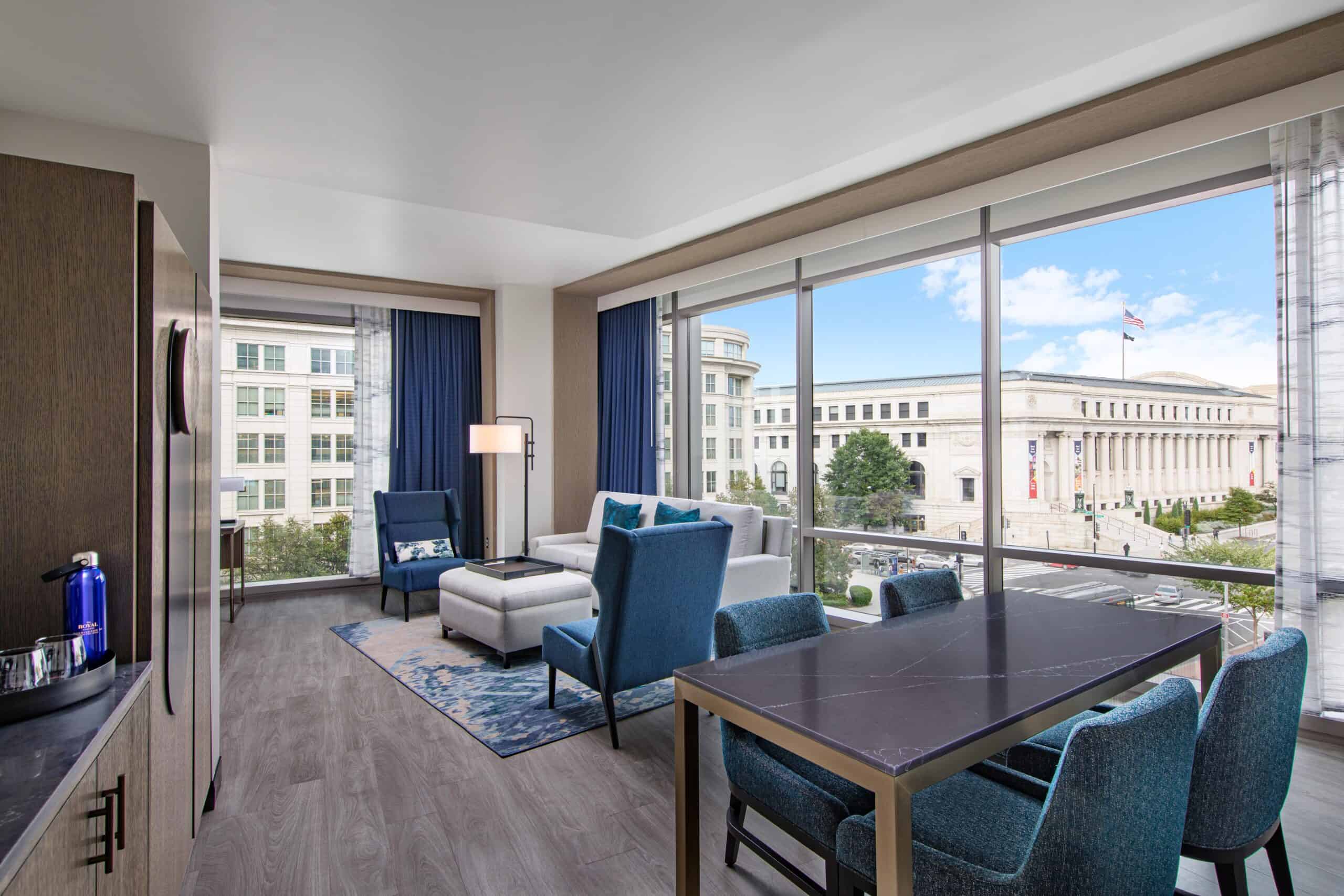 Living room of the Capitol Hill Suite at The Royal Sonesta Capitol Hill, featuring a landmark view.
