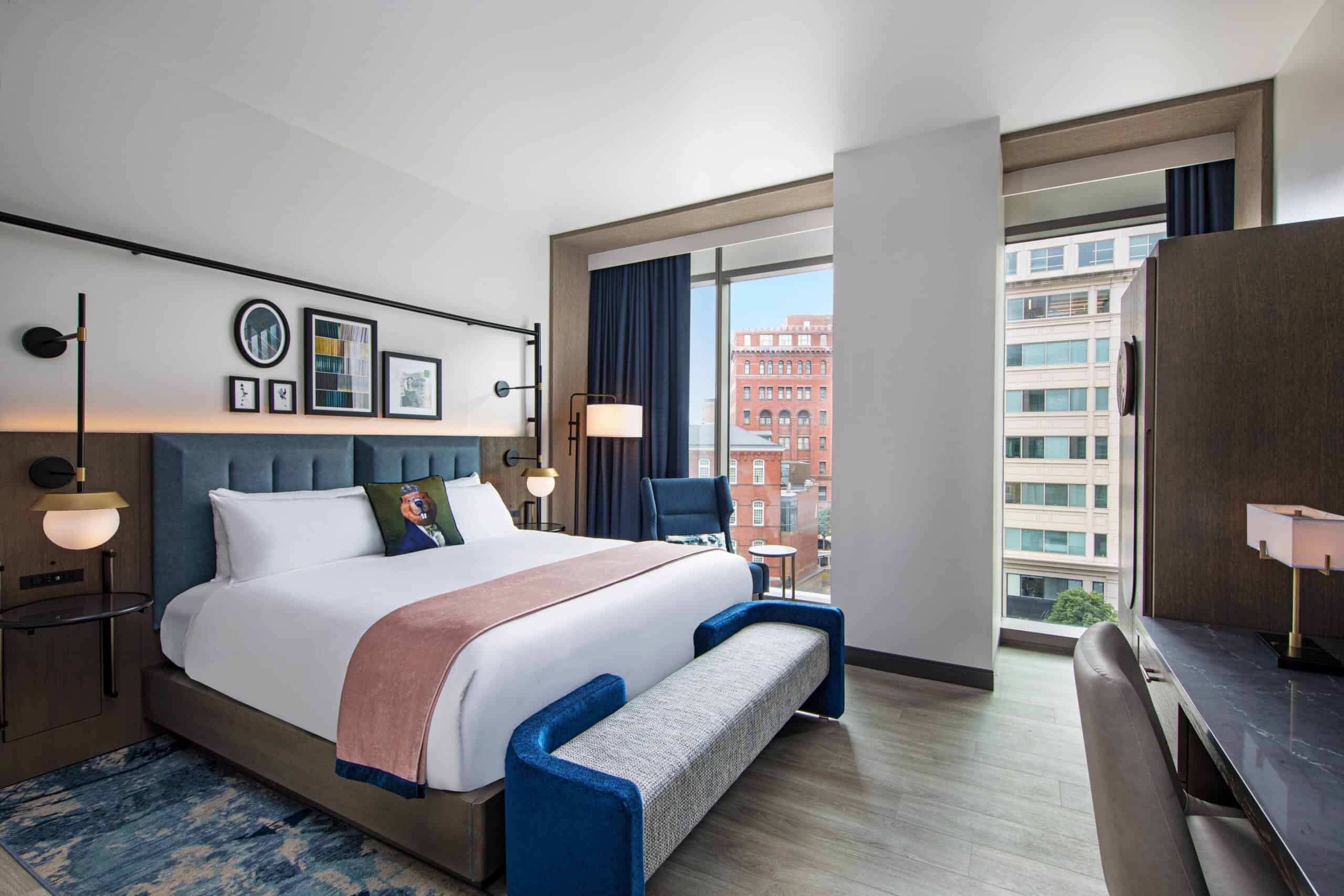 Full view of the King guest room at The Royal Sonesta Capitol Hill, featuring a Washington, D.C. landmark view.