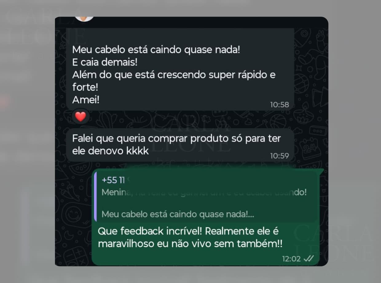 Meu cabelo está caindo quase nada! E caia demais! Além do que está crescendo super rápido e forte! Amei!


Ariane Simões | Cliente Carla Leone Beauty